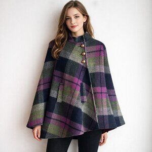 Vintage Plaid Wool Purple Green Cape S/M